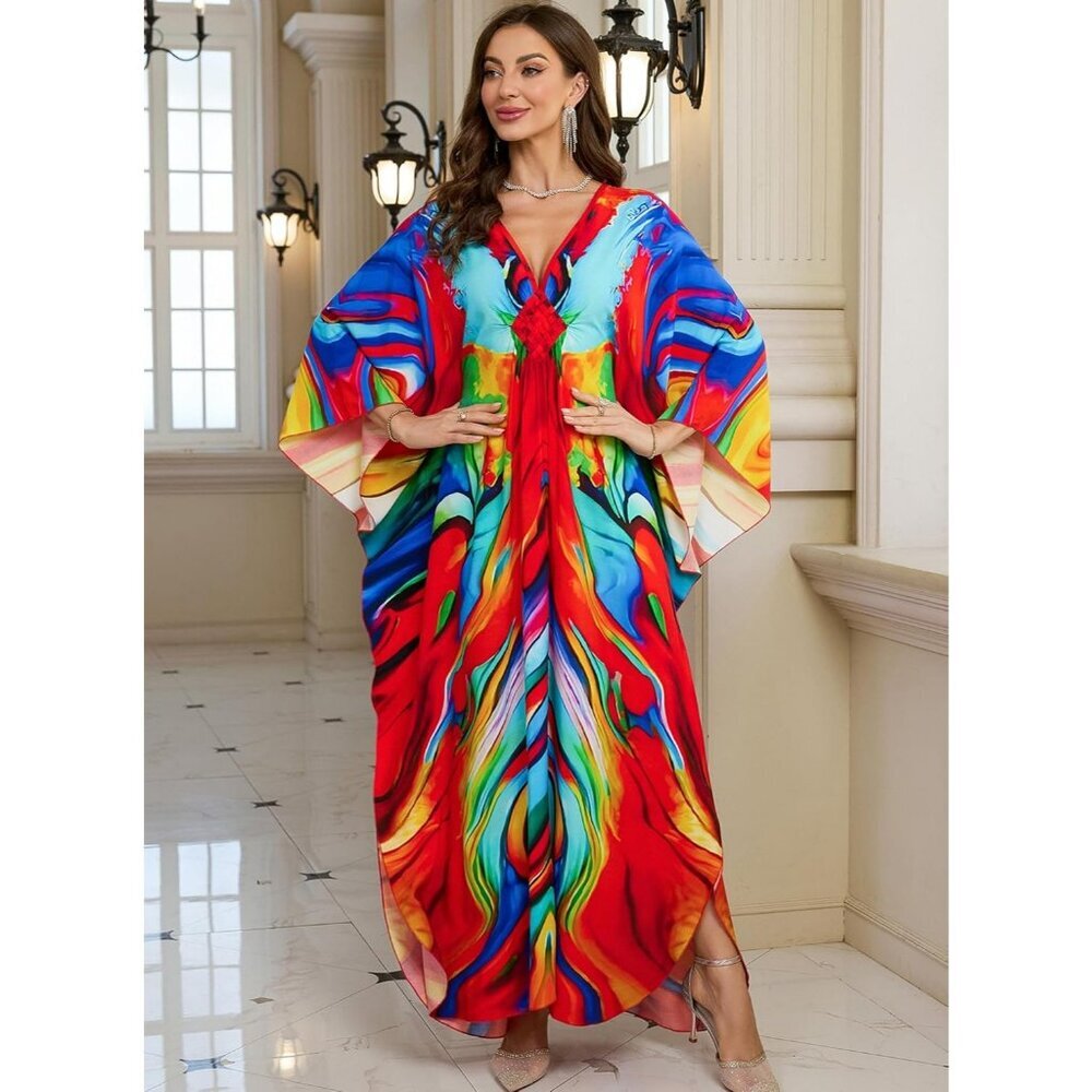 Women's Red Vivid V Neck Batwing Sleeves Summer Beach Cover Up Kaftan Dress - Picture 6 of 6